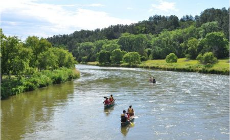 People paddling canoes down a tree lined river