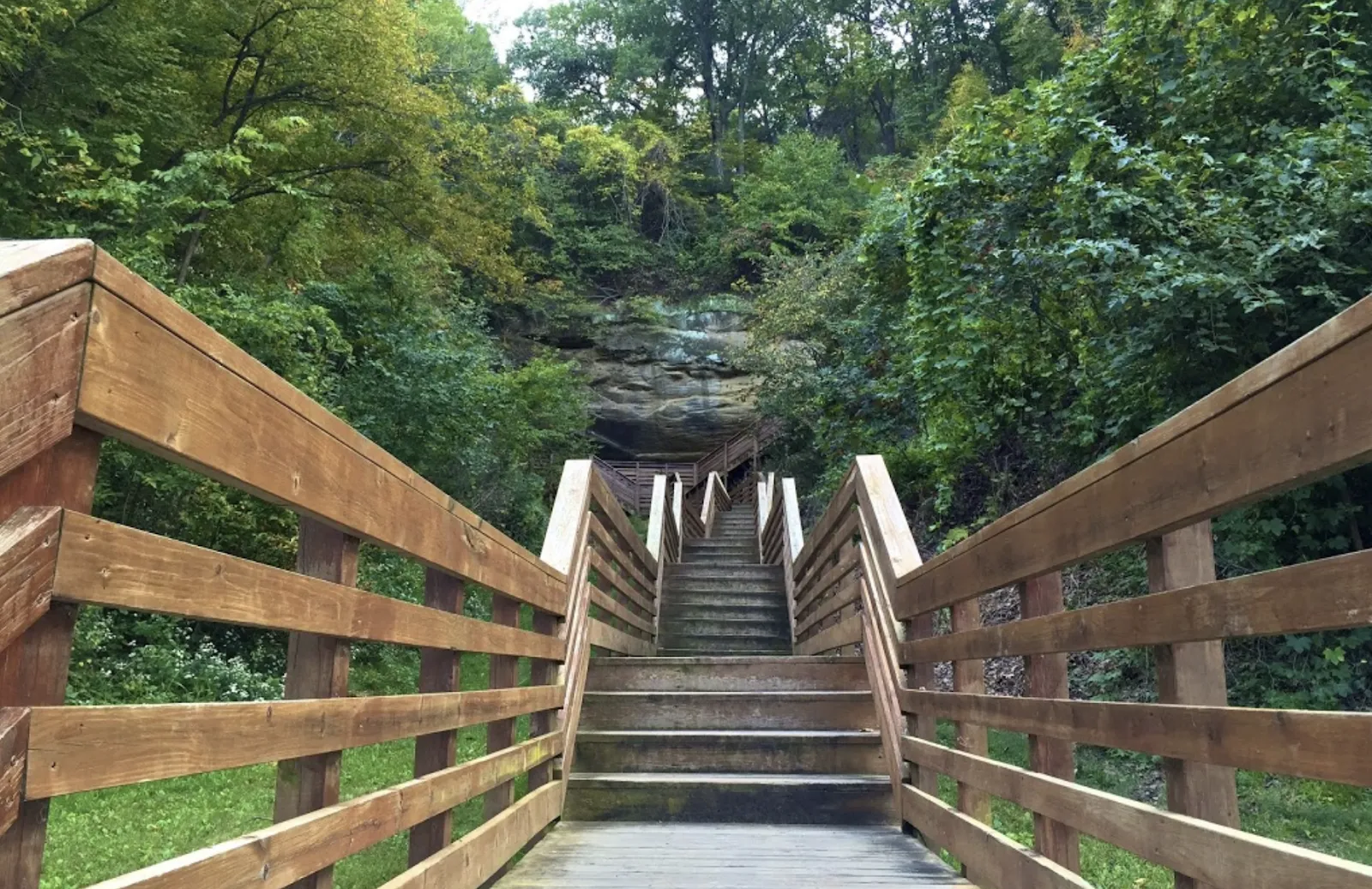 Wooden staircase into a wooded trail at Indian Cave State Park