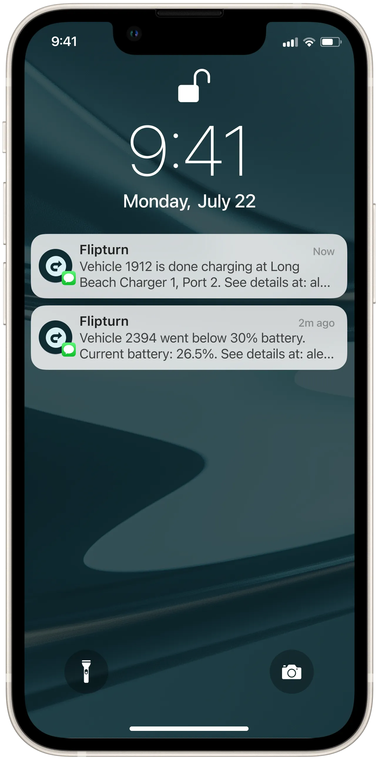 iPhone lock screen showing two Flipturn notifications about vehicle charging status and battery level.
