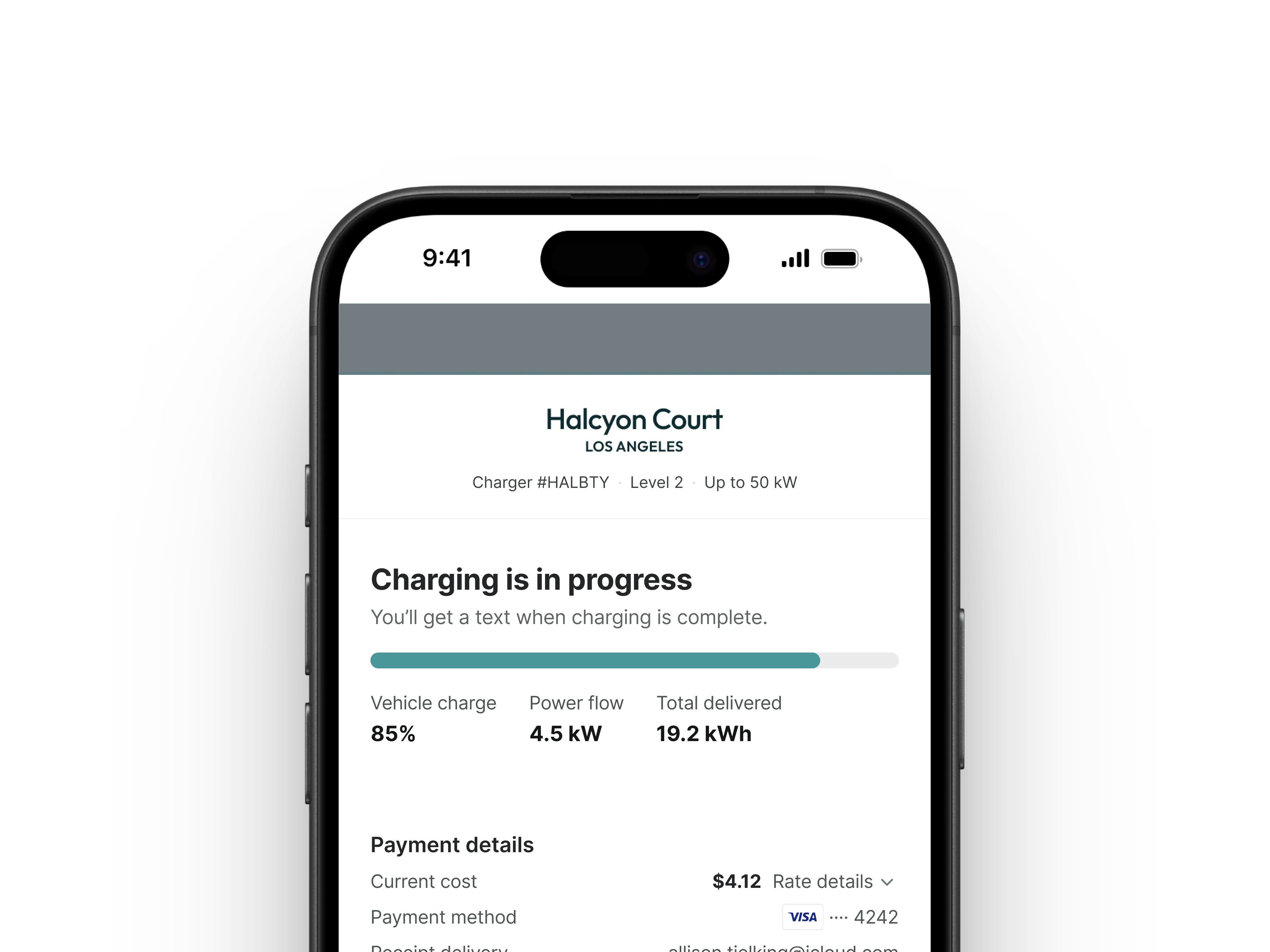 A screenshot of the driver's charging experience at a charger using Flipturn's software