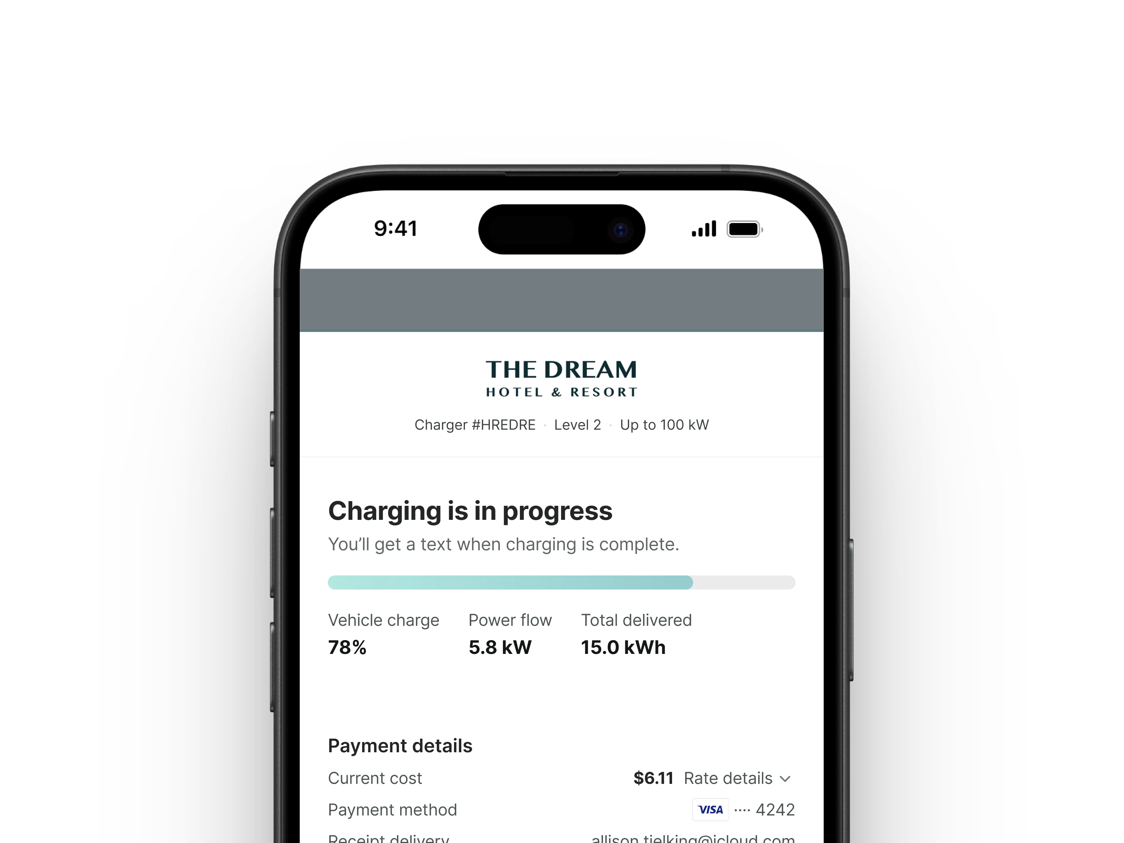 A screenshot of the driver's charging experience at a charger using Flipturn's software