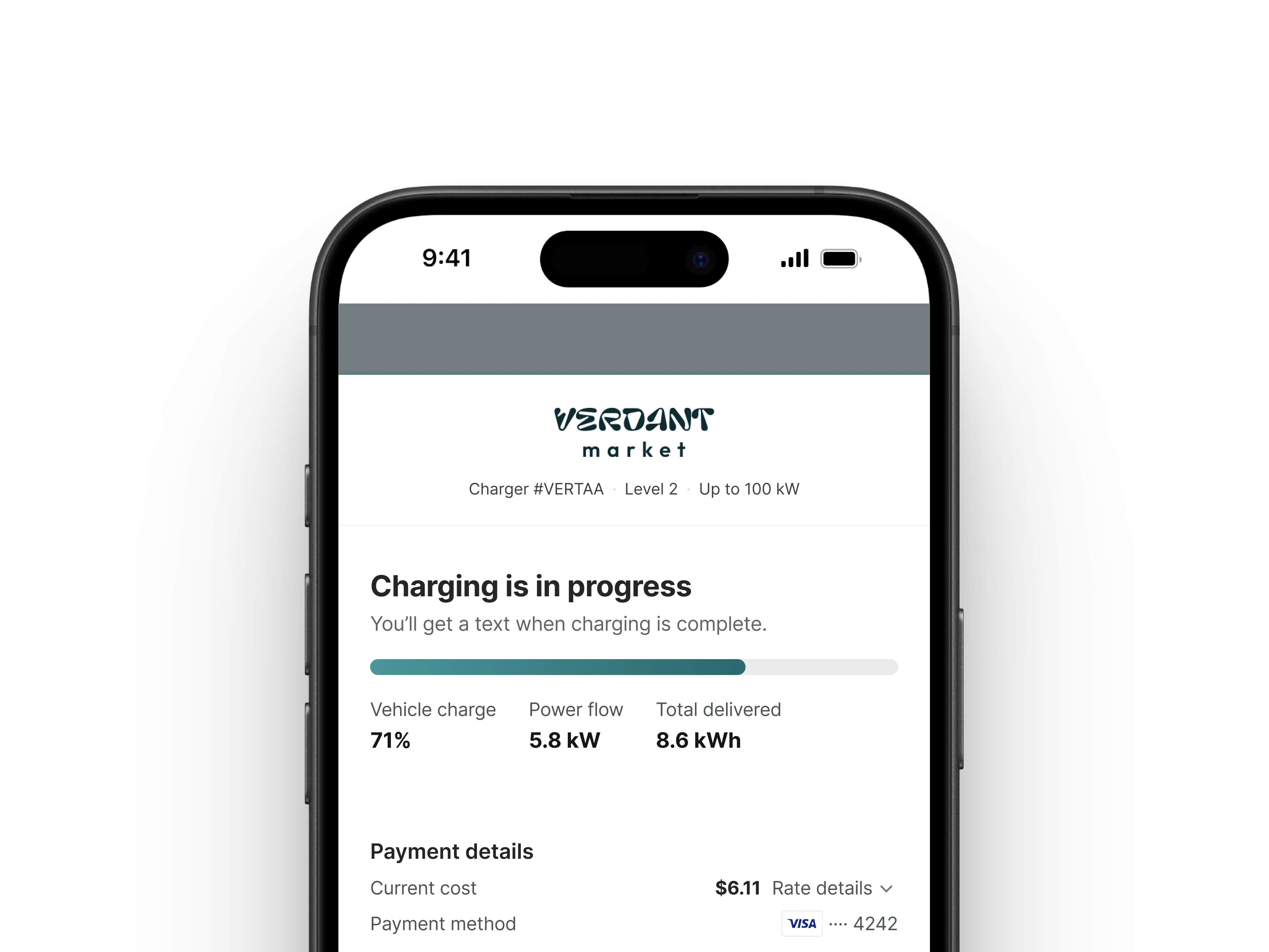 A screenshot of the driver's charging experience at a charger using Flipturn's software