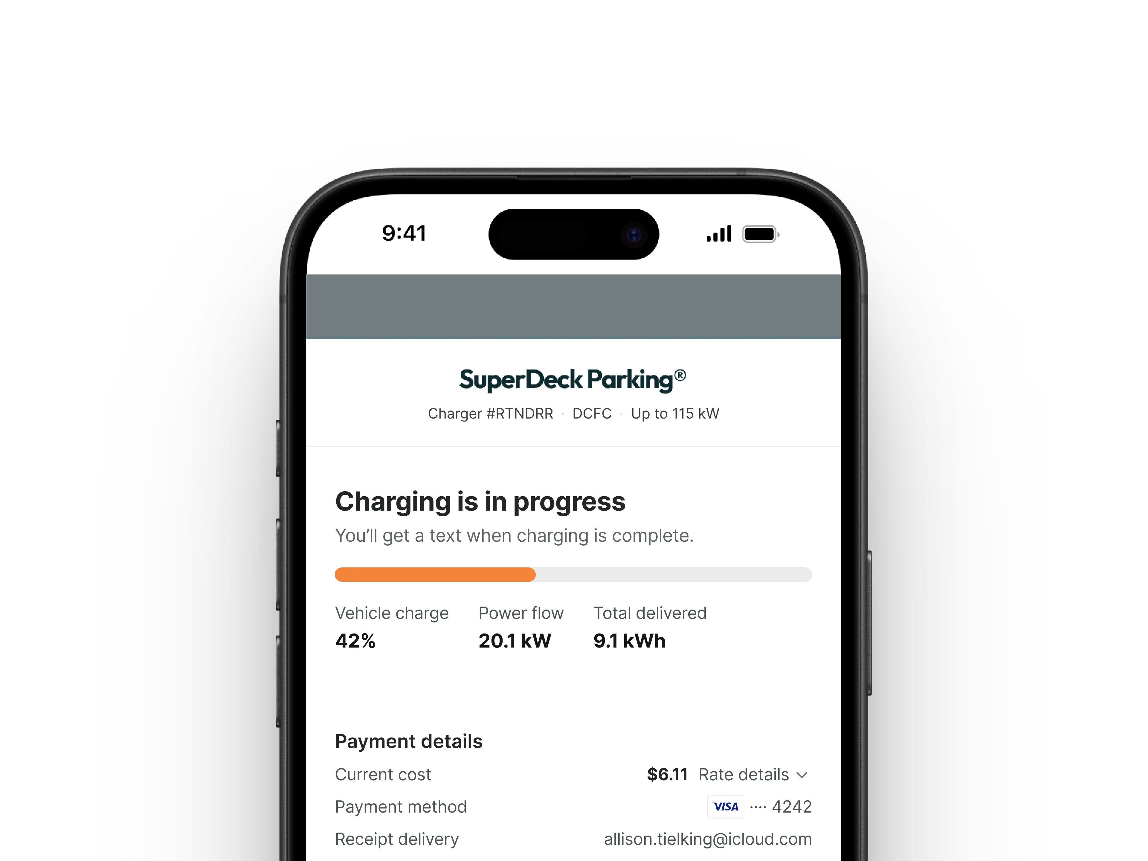 A screenshot of the driver's charging experience at a charger using Flipturn's software