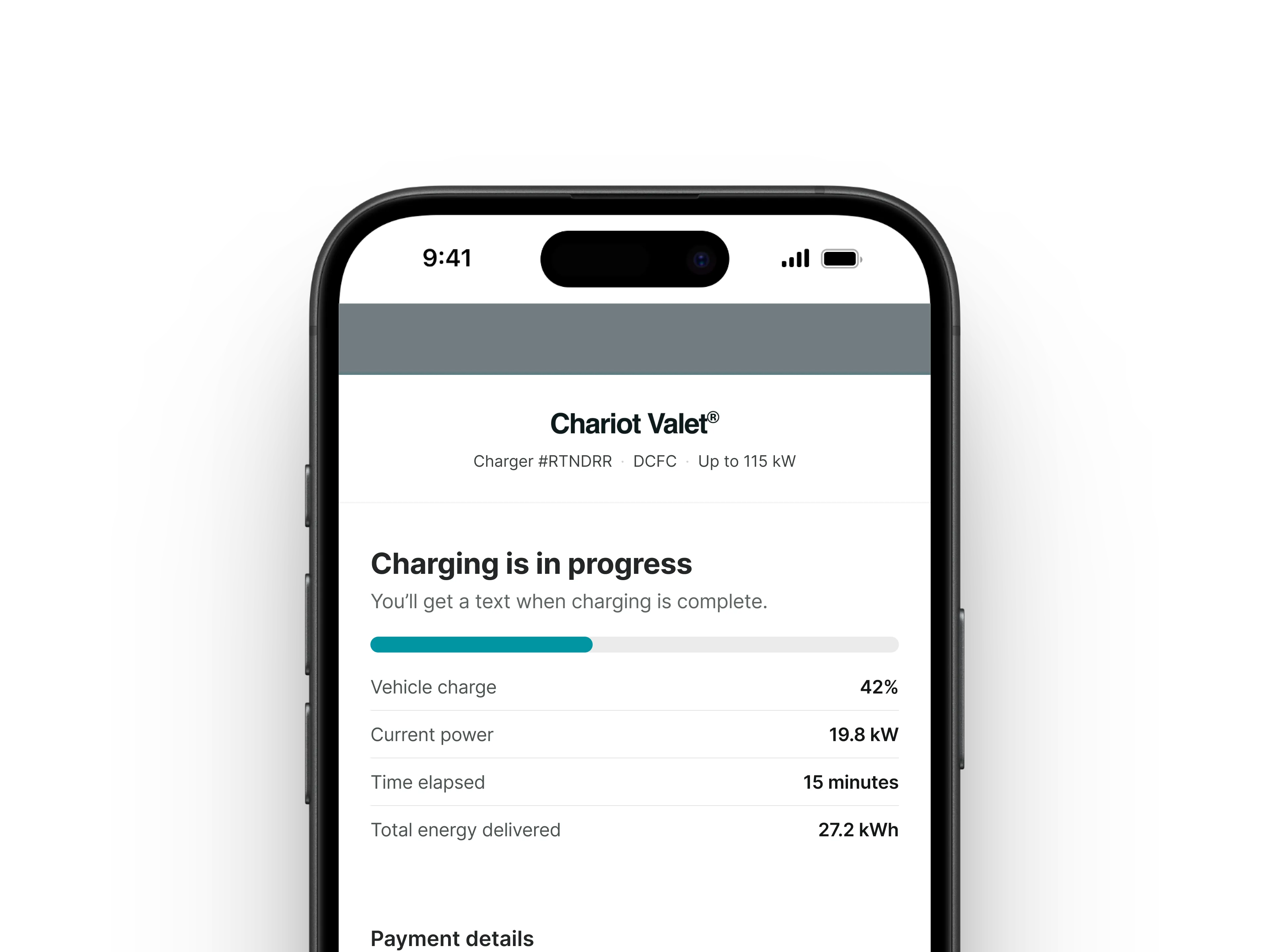 Mobile app screen showing electric vehicle charging in progress at Chariot Valet