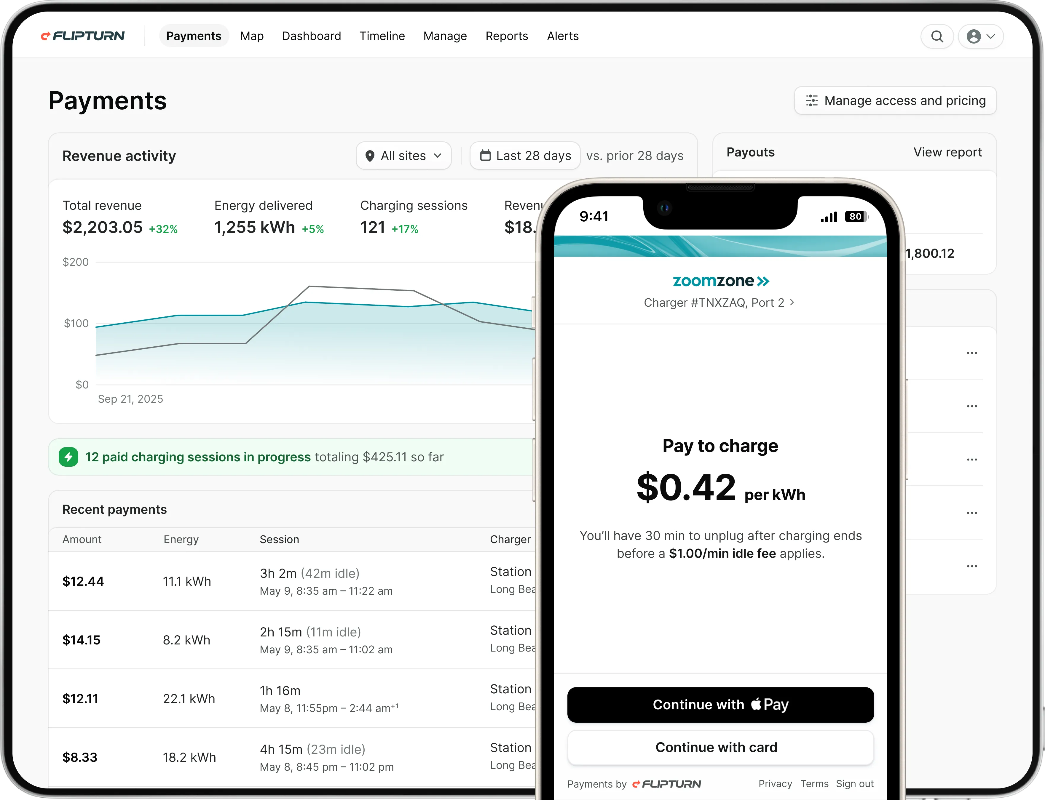 Product screenshots of Flipturn's payments functionality