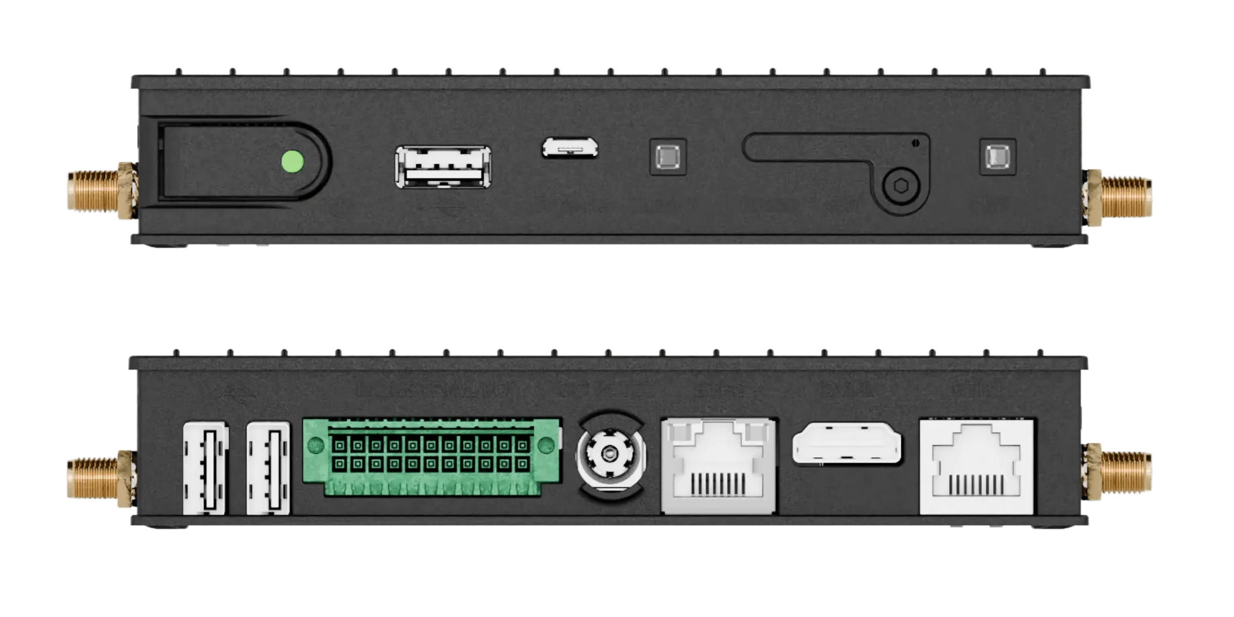 Front and back views of Flipturn's onsite controller showing various ports including USB, Ethernet, HDMI, antenna connectors, and a green terminal block.