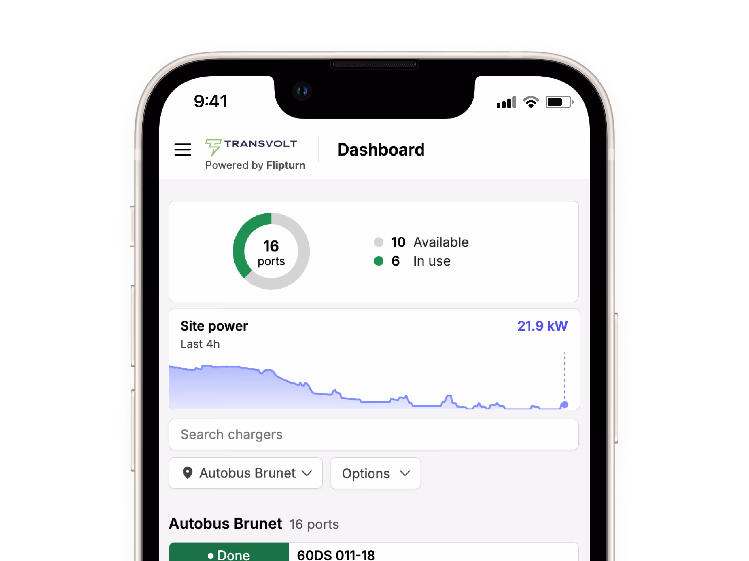 Mobile screen displaying charging status with 16 ports, 10 available, 6 in use, site power graph for last 4 hours showing 21.9 kW, and charger search options.