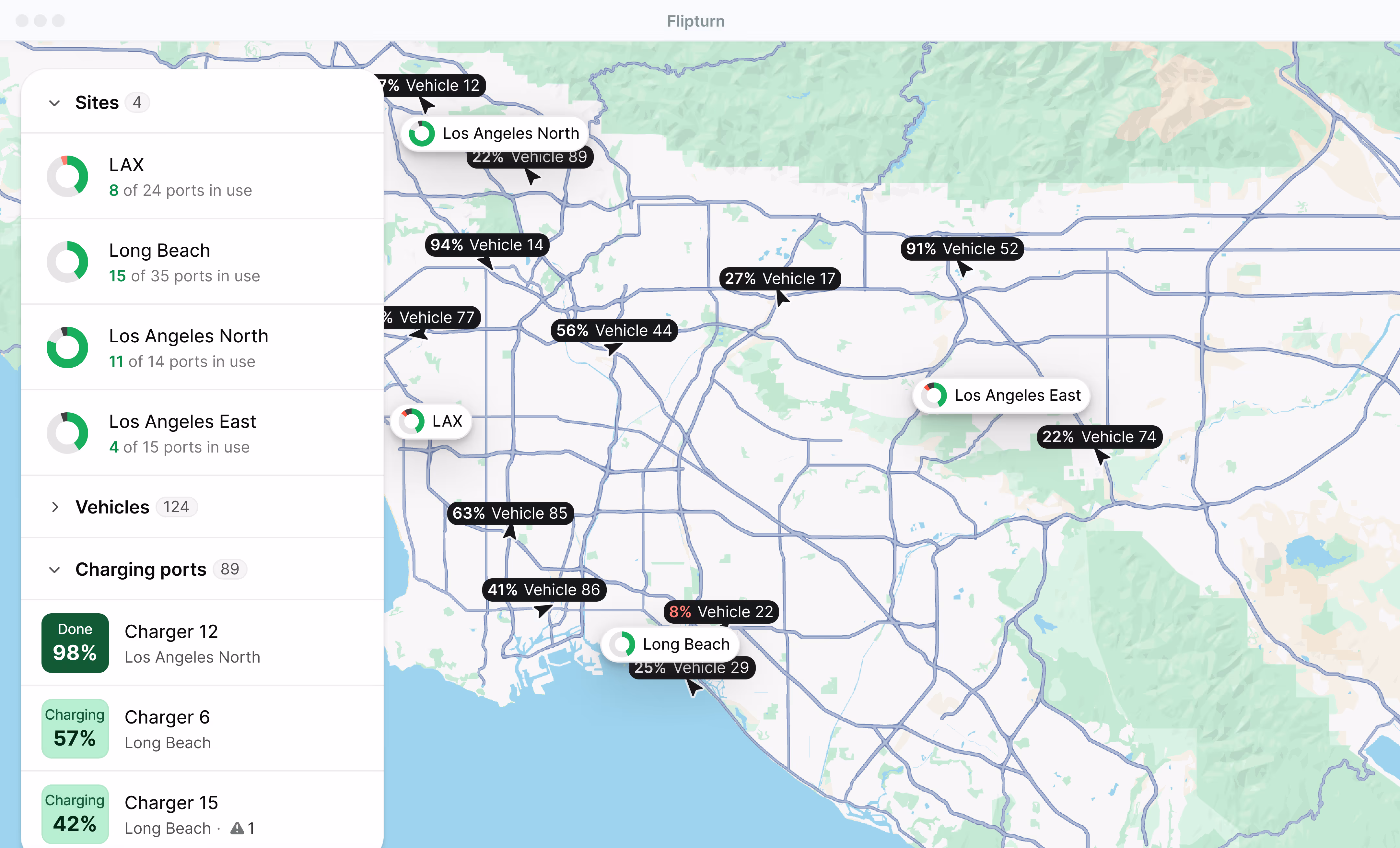 Flipturn multi-depot view showing centralized vehicle and charging visibility and management across multiple locations