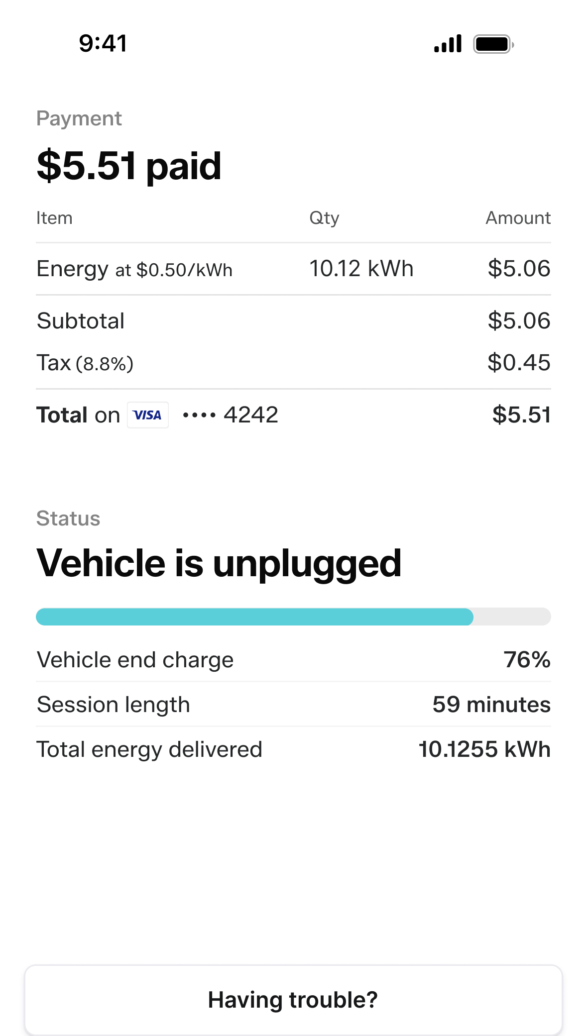 Mobile phone showing a Flipturn charging receipt with session details, energy used, and payment confirmation