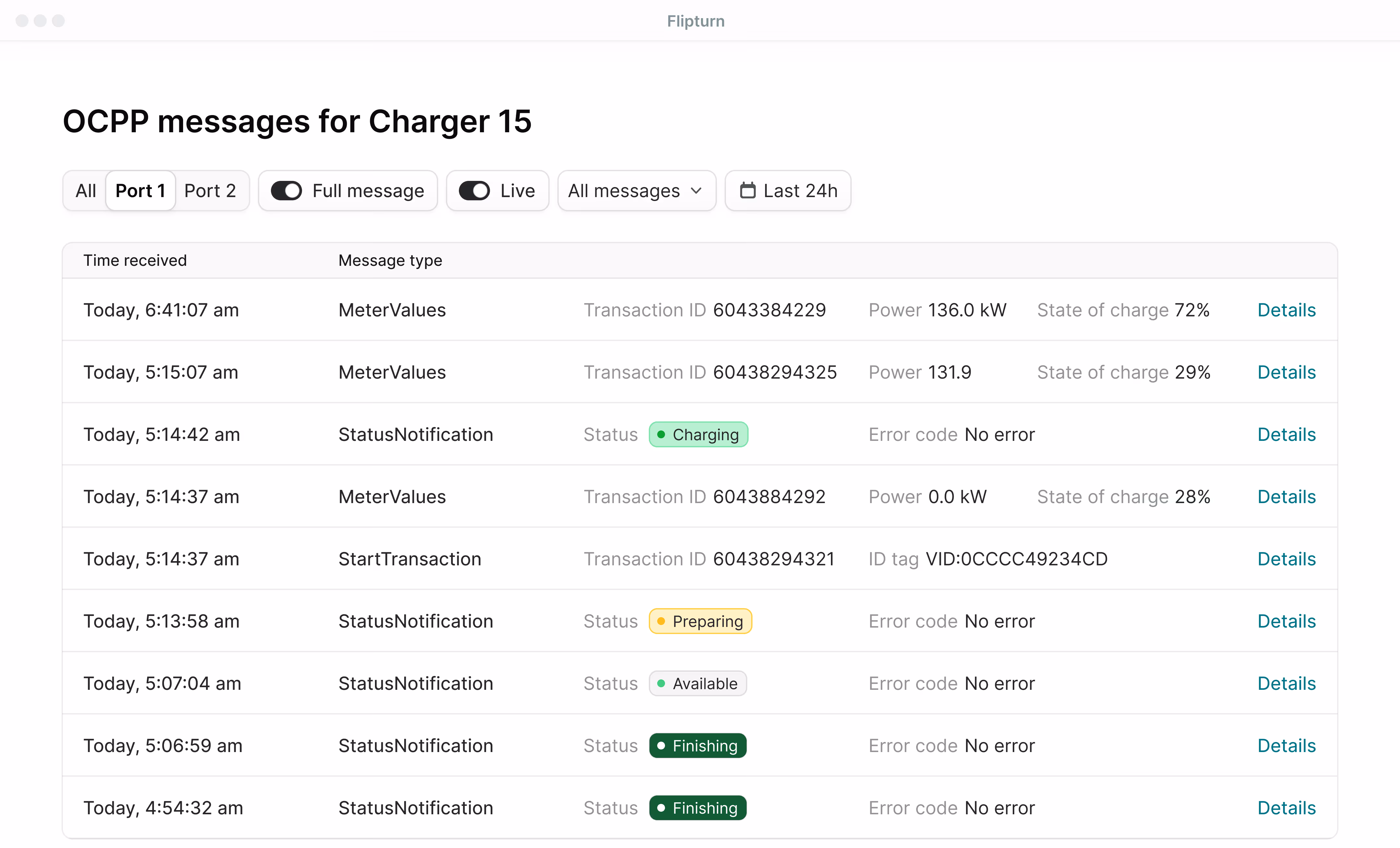 Flipturn OCPP log view showing raw protocol messages and communication activity for a connected EV charger