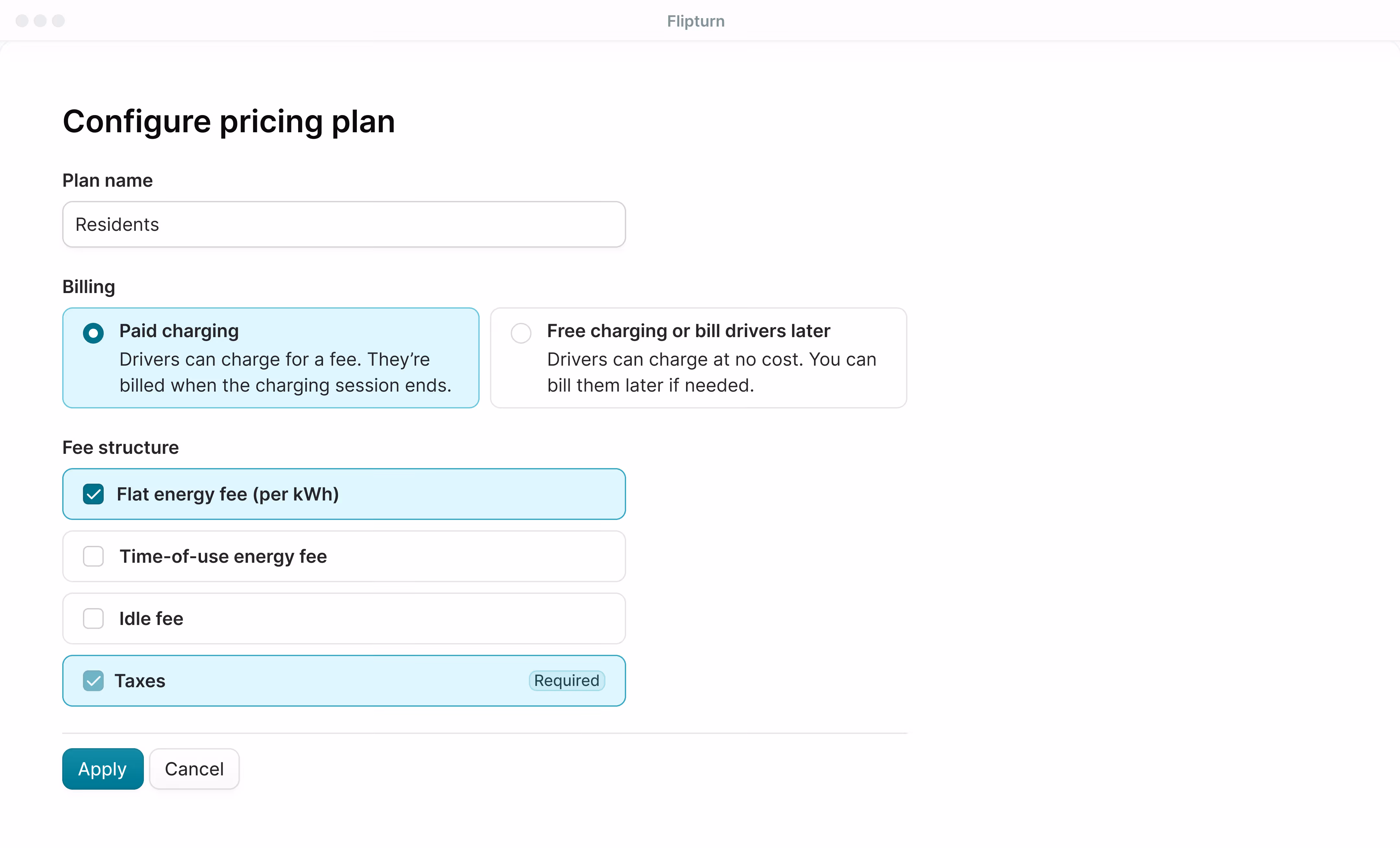 Flipturn pricing configuration interface showing per-kWh rate plans assigned by user group, charger, and time of day
