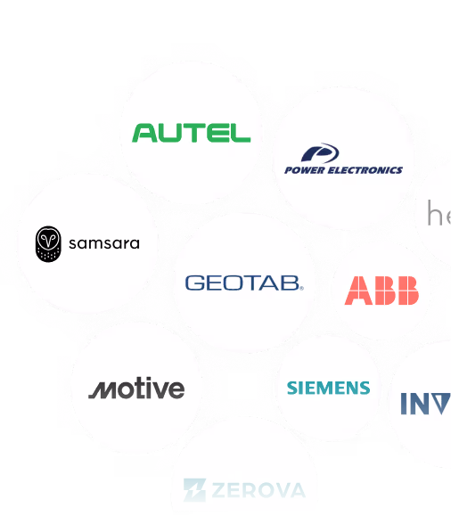 Cluster of logos from technology and electronics companies including Autel, Power Electronics, Samsara, Geotab, ABB, Motive, Siemens, and Zerova arranged in overlapping circles.