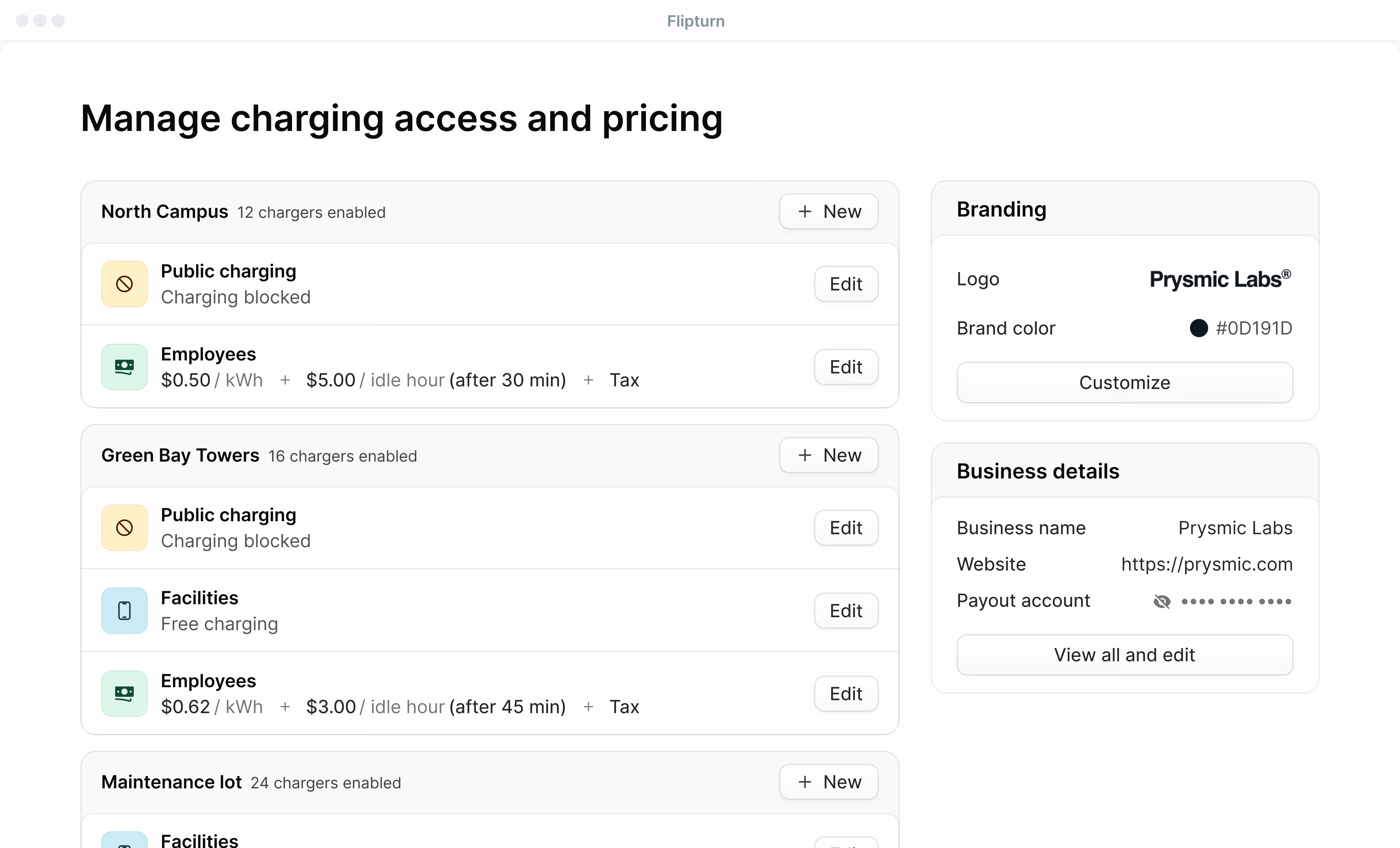 Flipturn access control dashboard showing employee EV charging permissions and availability settings for a workplace location