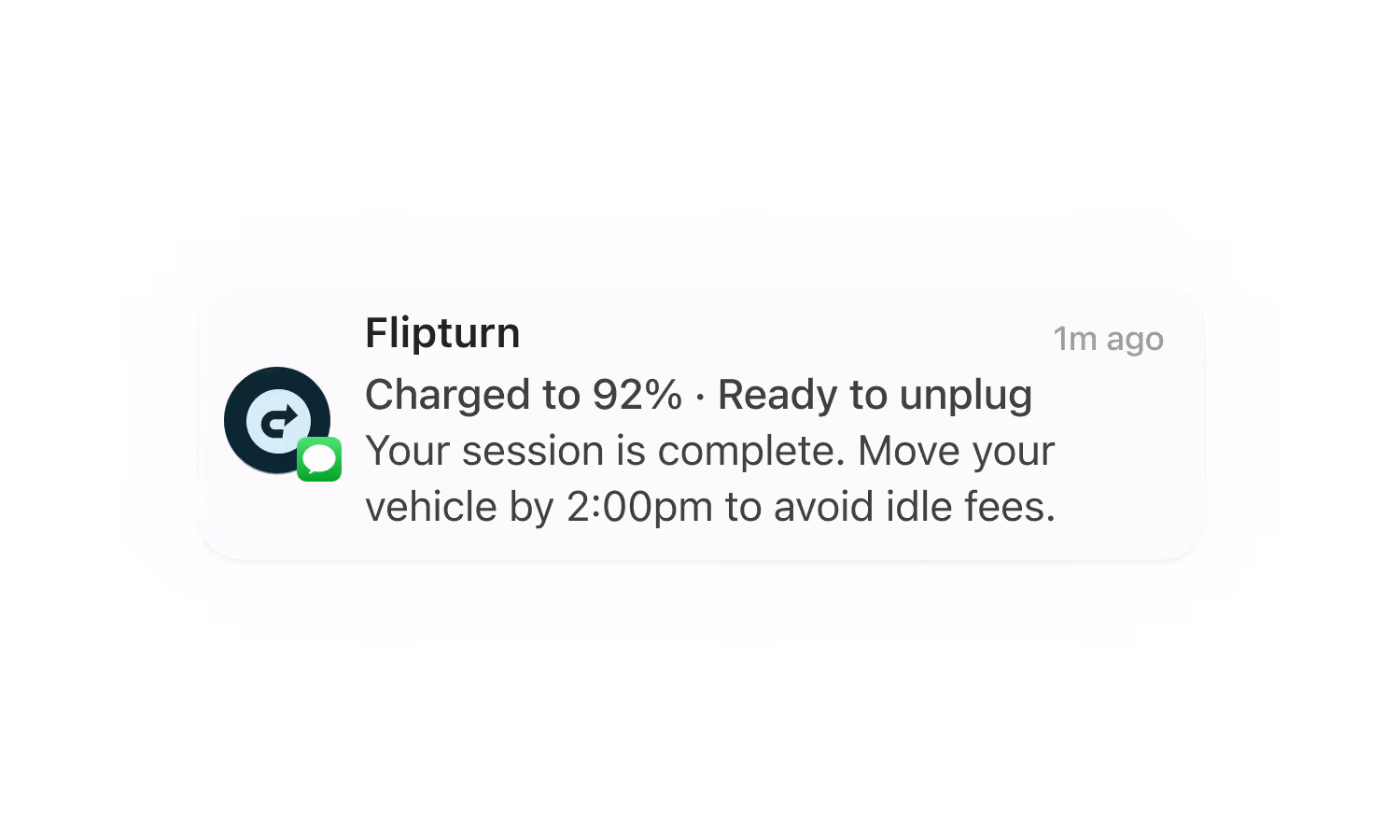 Flipturn idle fee notification alert prompting EV driver to move vehicle after charging is complete