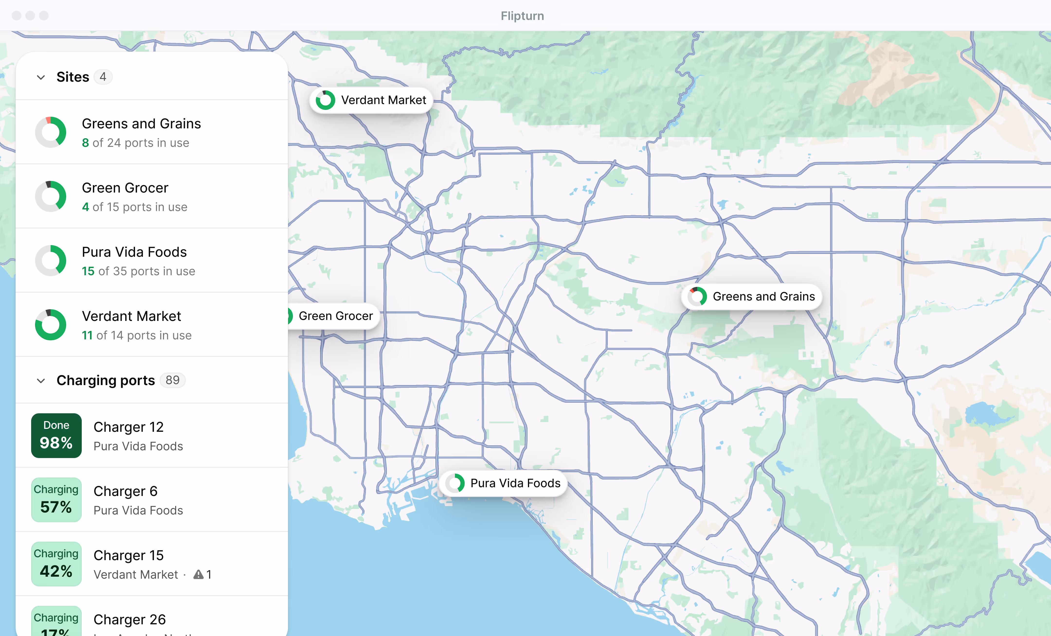 Flipturn multi-property map view for managing EV charging across multiple charging sites