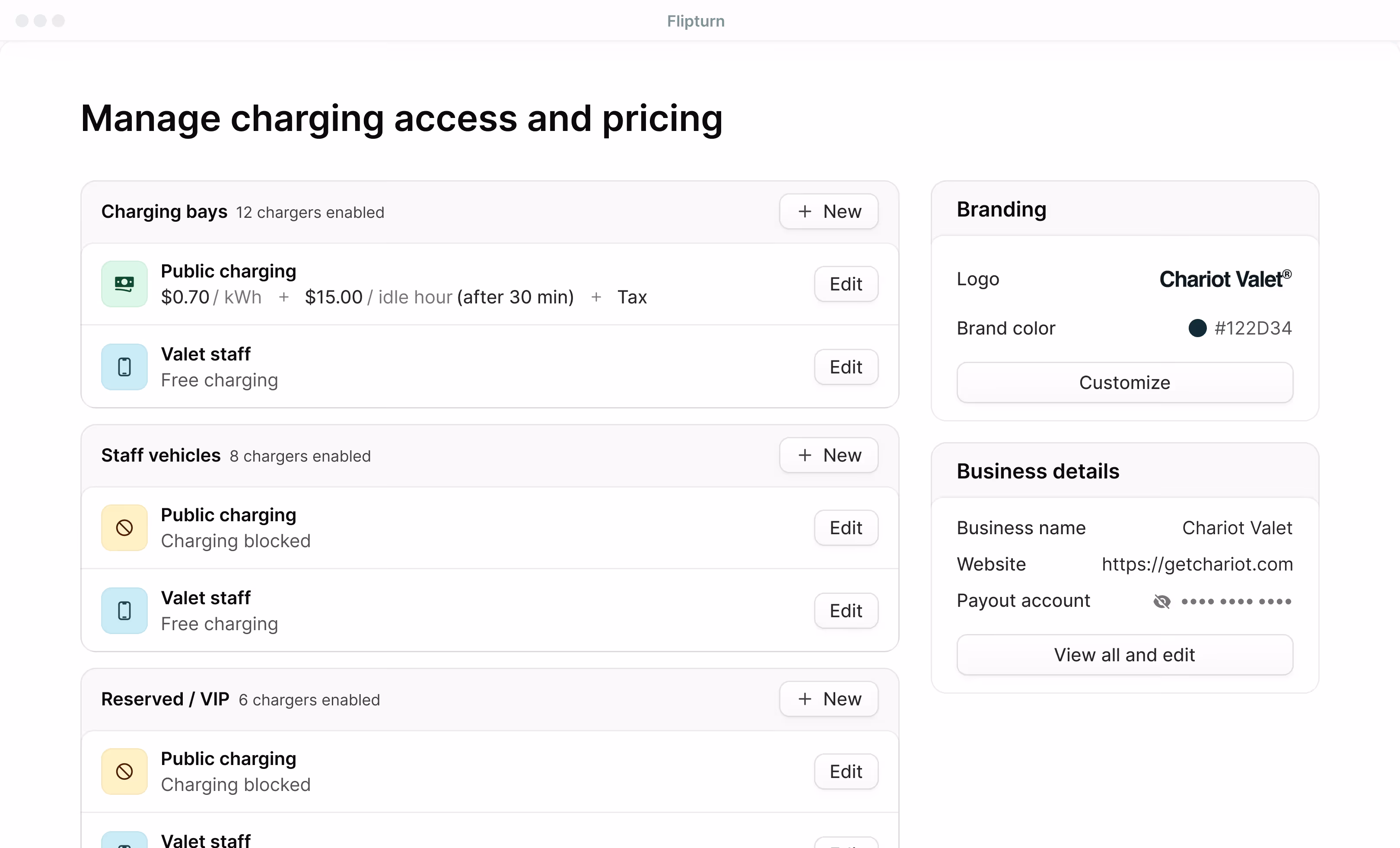 Flipturn access control interface for managing EV charger permissions at valet facilities