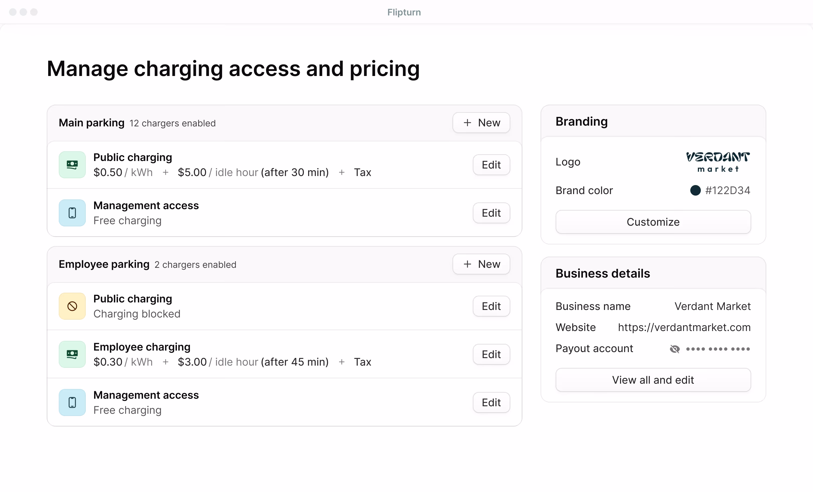 Flipturn access control dashboard for managing retail EV charger permissions and availability