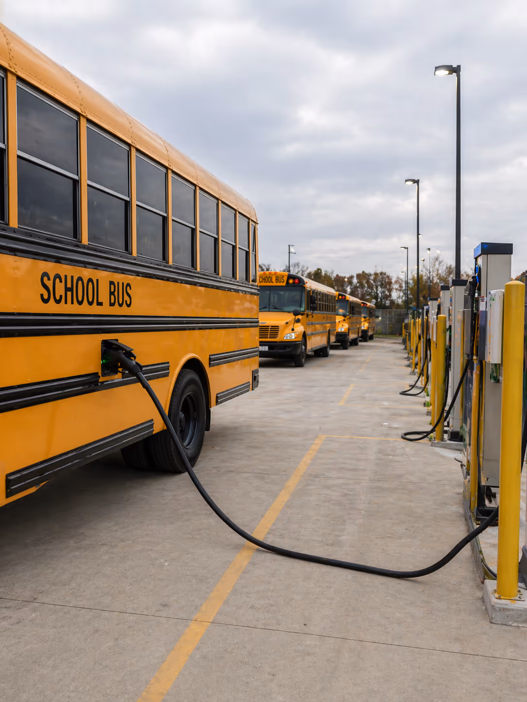 Yellow school buses lined up and connected to charging stations in a depot.