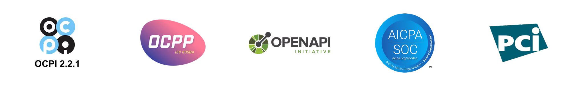 Logos of compliance standards: OCPP, OpenAPI, AICPA SOC, and PCI on a black background.
