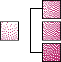 Illustration of a poker chip surrounded by four square grids of varying red and white pixel patterns.