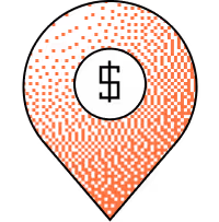 Red and white pixelated map location pin icon.