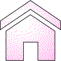 Stylized pink and white house icon with a pitched roof and open doorway.