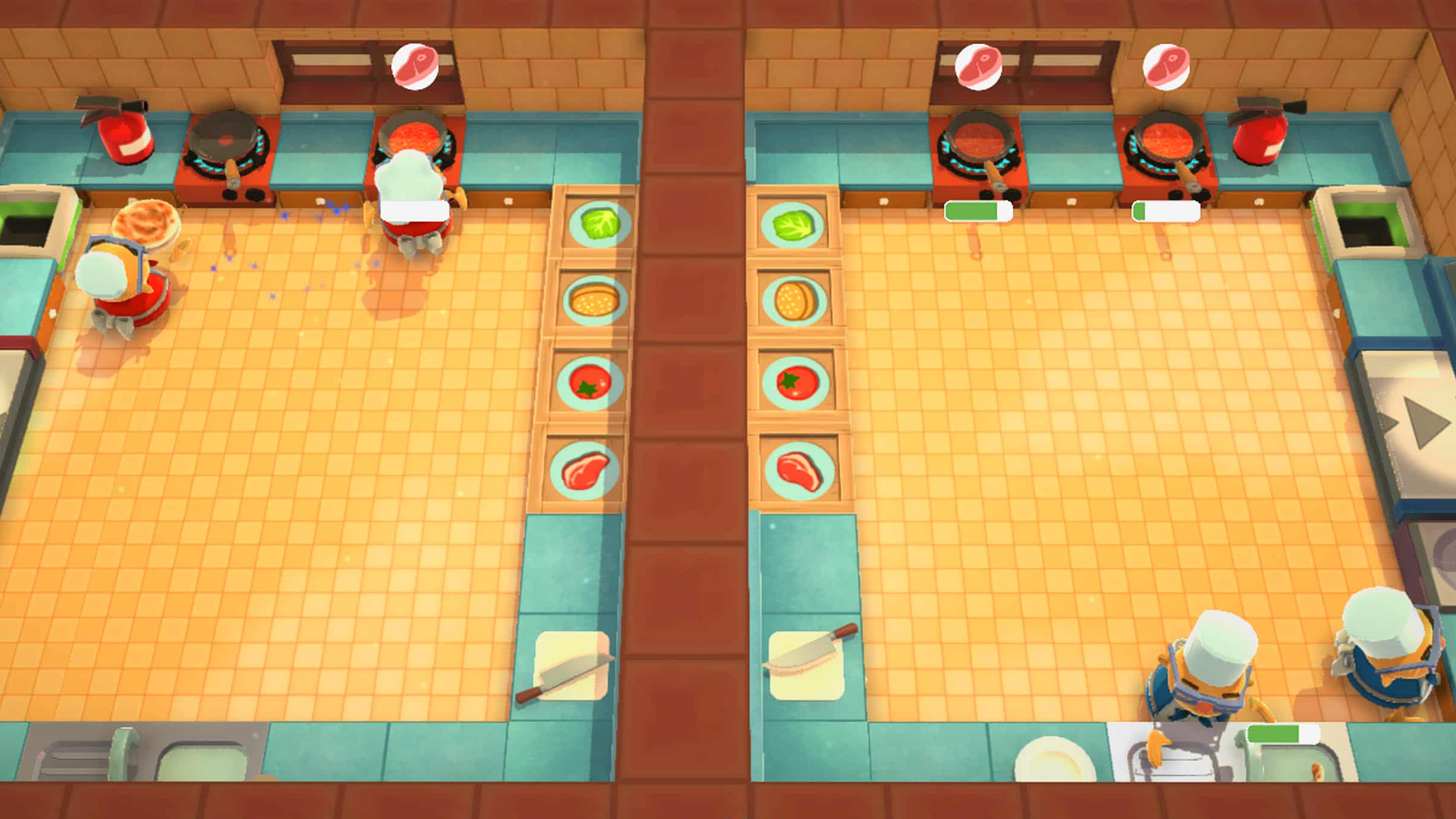 Two Overcooked kitchens side by side in a 2v2 versus match