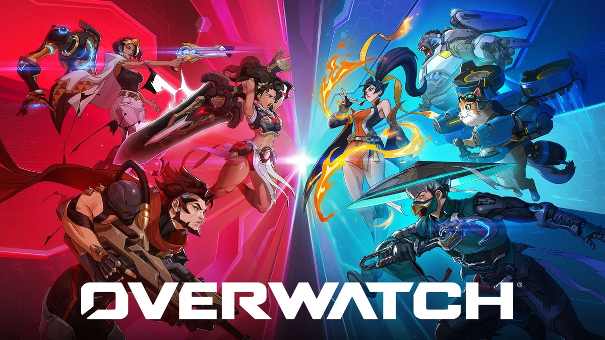 Overwatch heroes facing off across red and blue halves above the Overwatch logo