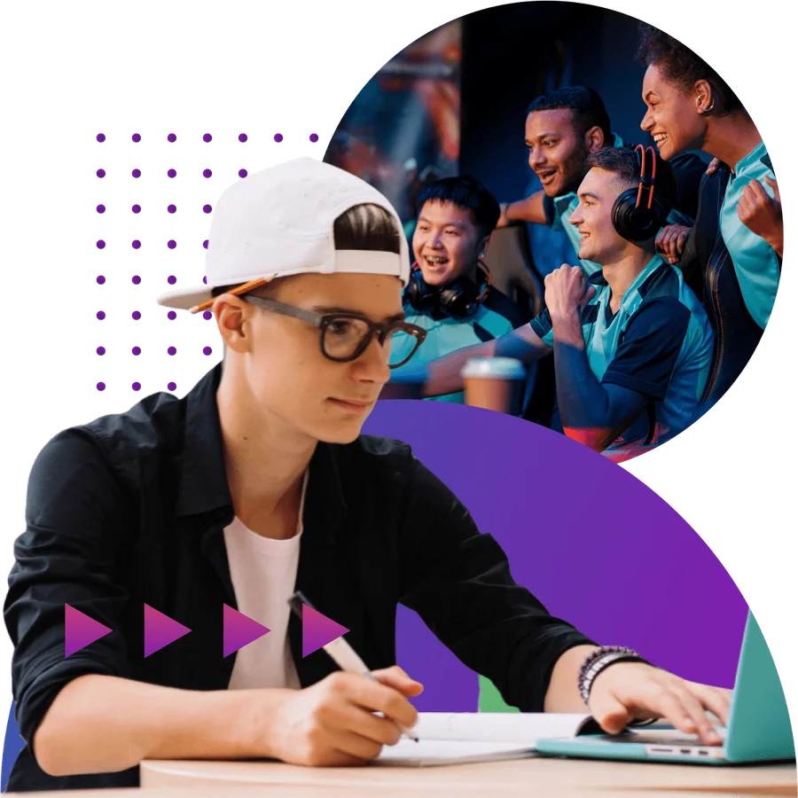 A student taking notes at a laptop, with a team of student esports players cheering in the background