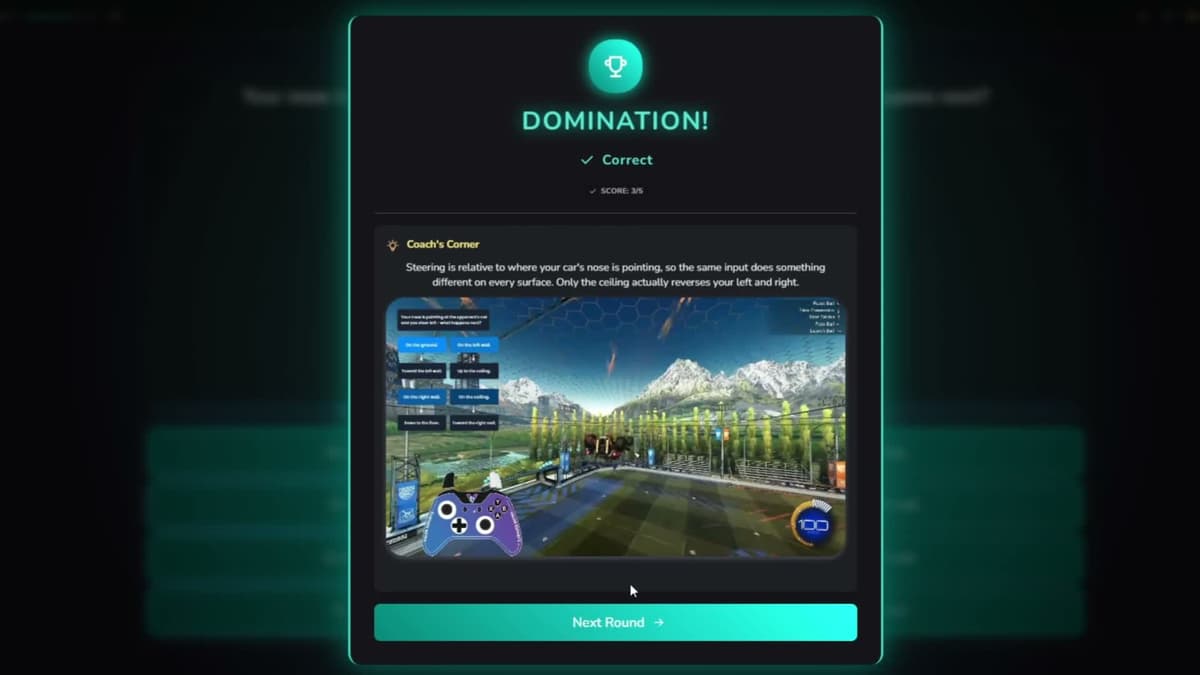 A Valor training quiz showing a correct answer and a Coach's Corner tip for Rocket League