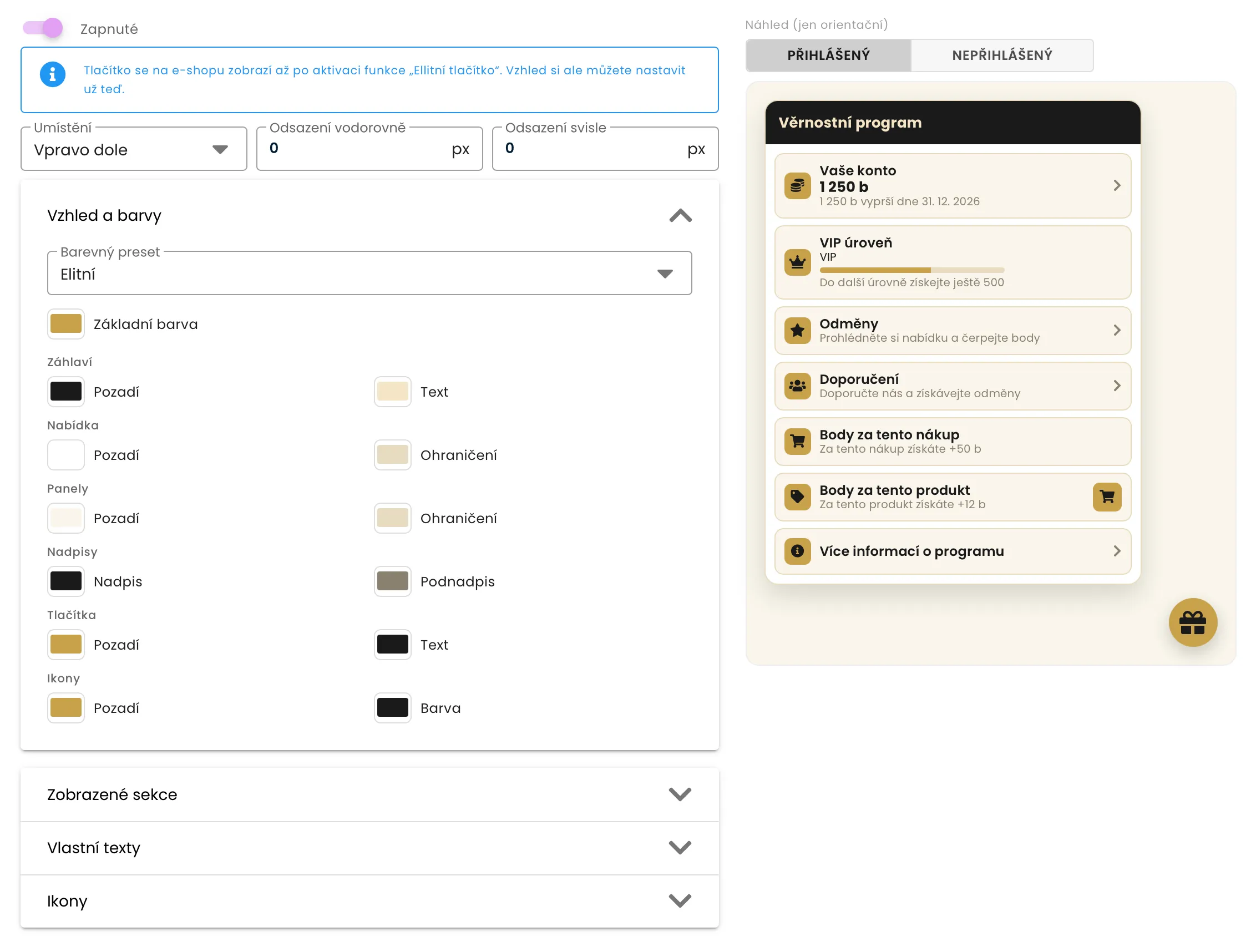 Interface with loyalty program color settings on the left and a preview of the rewards panel on the right.