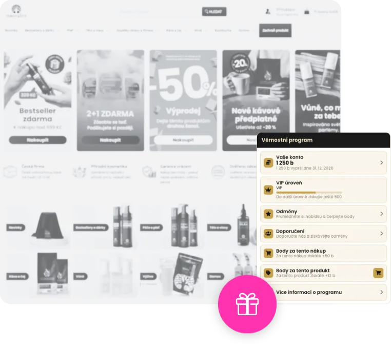 A website page displaying skincare promotions, offers, and a panel with details about the loyalty program in Czech.