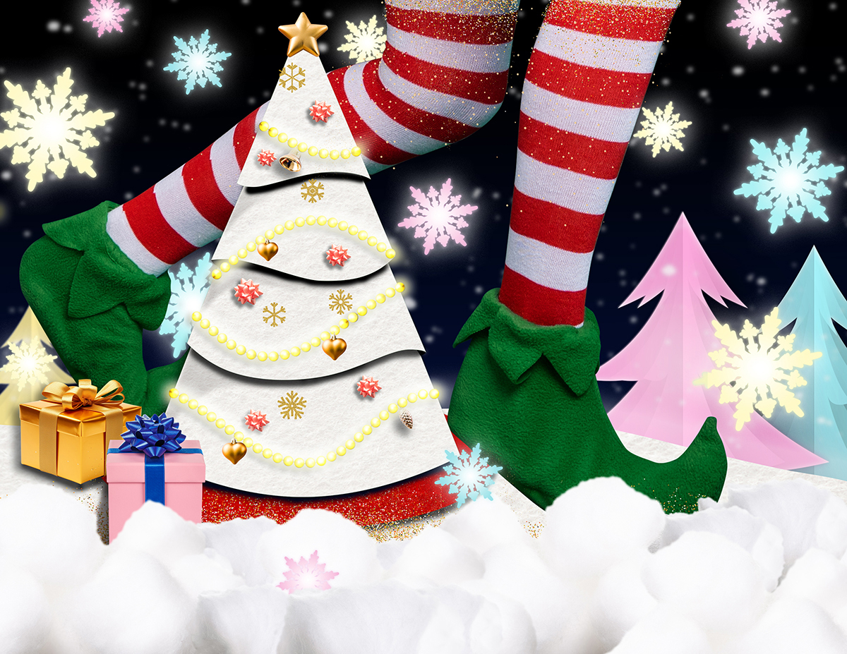 Graphic with elves legs walking through snow with Christmas trees and snowflakes in striped tights