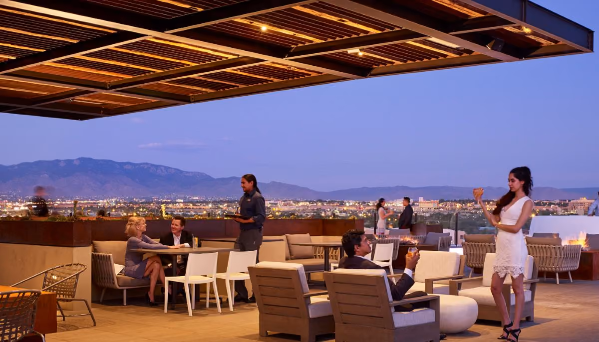 Level 5 Rooftop Restaurant Hotel Chaco panoramic Sandia mountain views