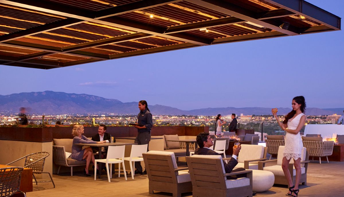 Level 5 Rooftop Restaurant Hotel Chaco panoramic Sandia mountain views
