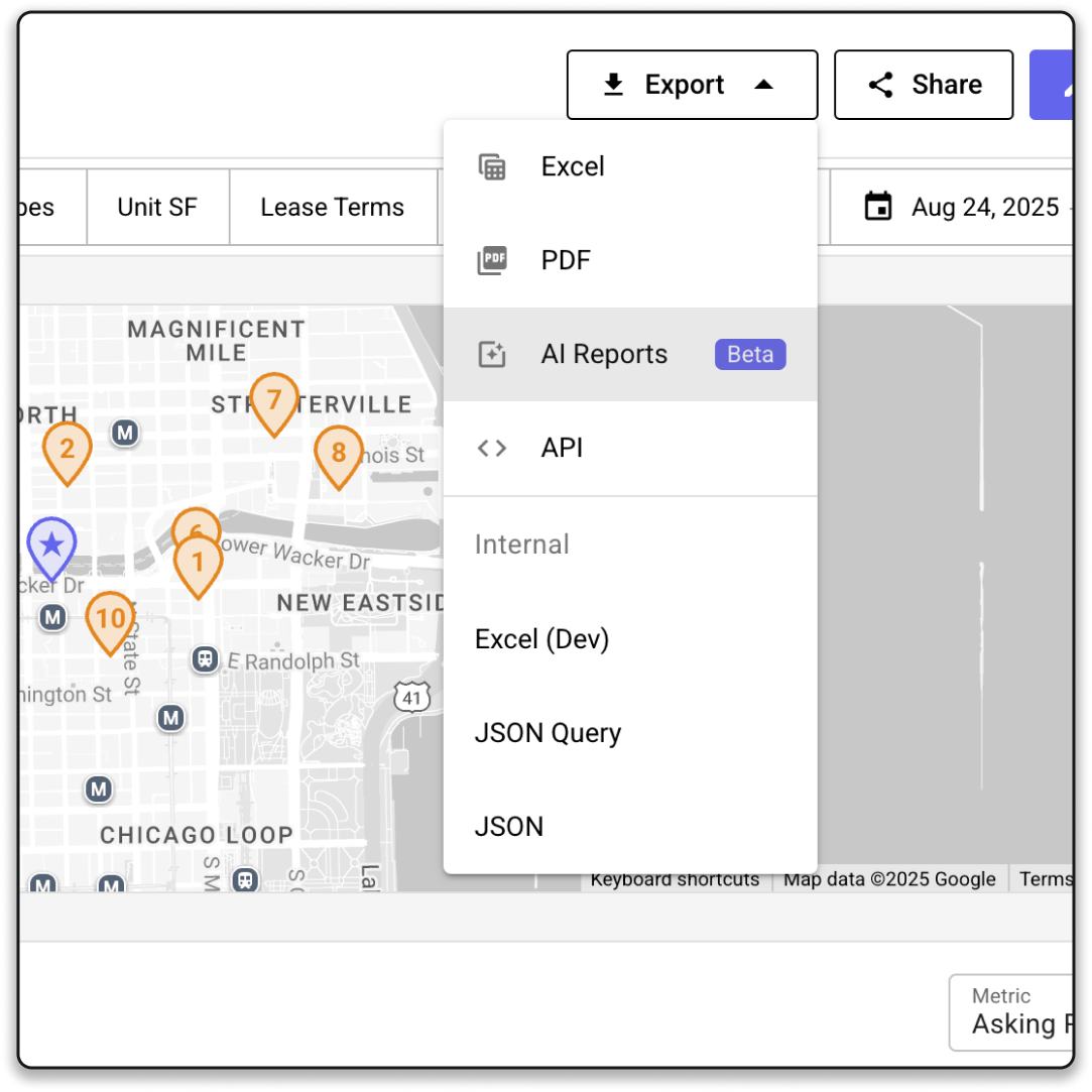 Multifamily map export options menu