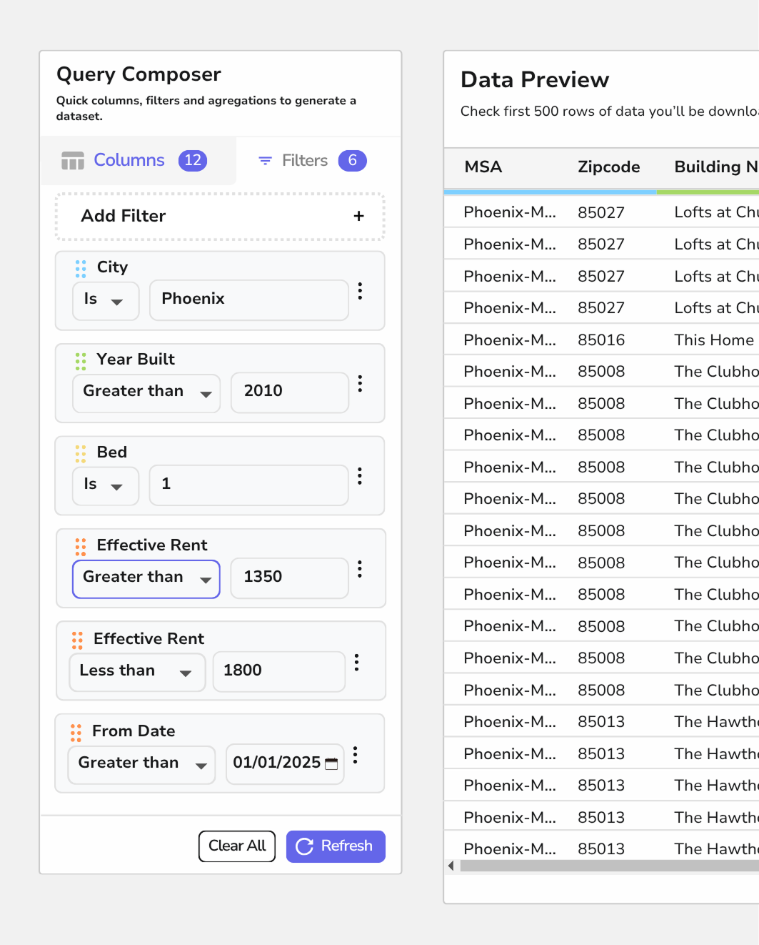 Multifamily filters for reports