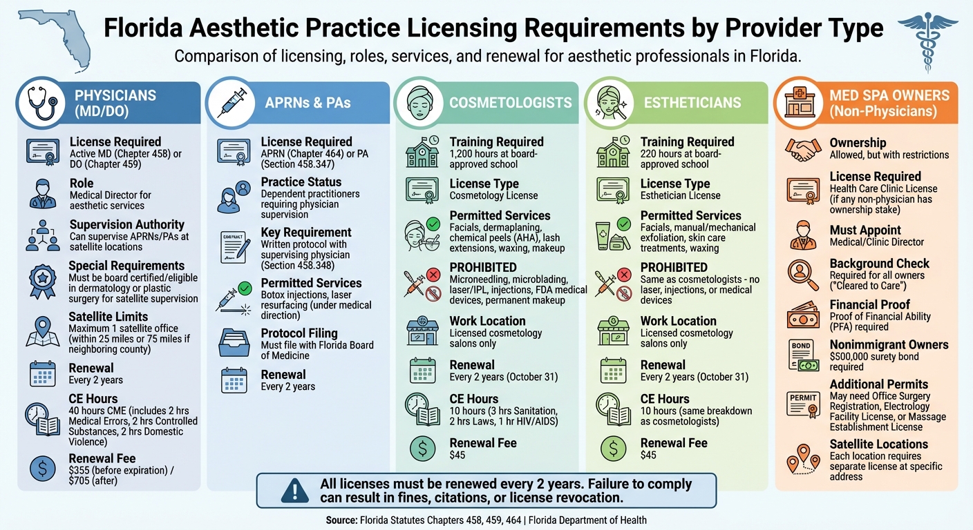 Florida Aesthetic Practice Licensing Requirements by Provider Type