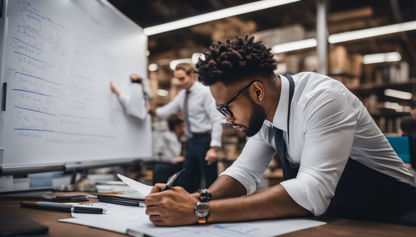 Businessman multitasks with inventory items, surrounded by diverse employees and calculators.