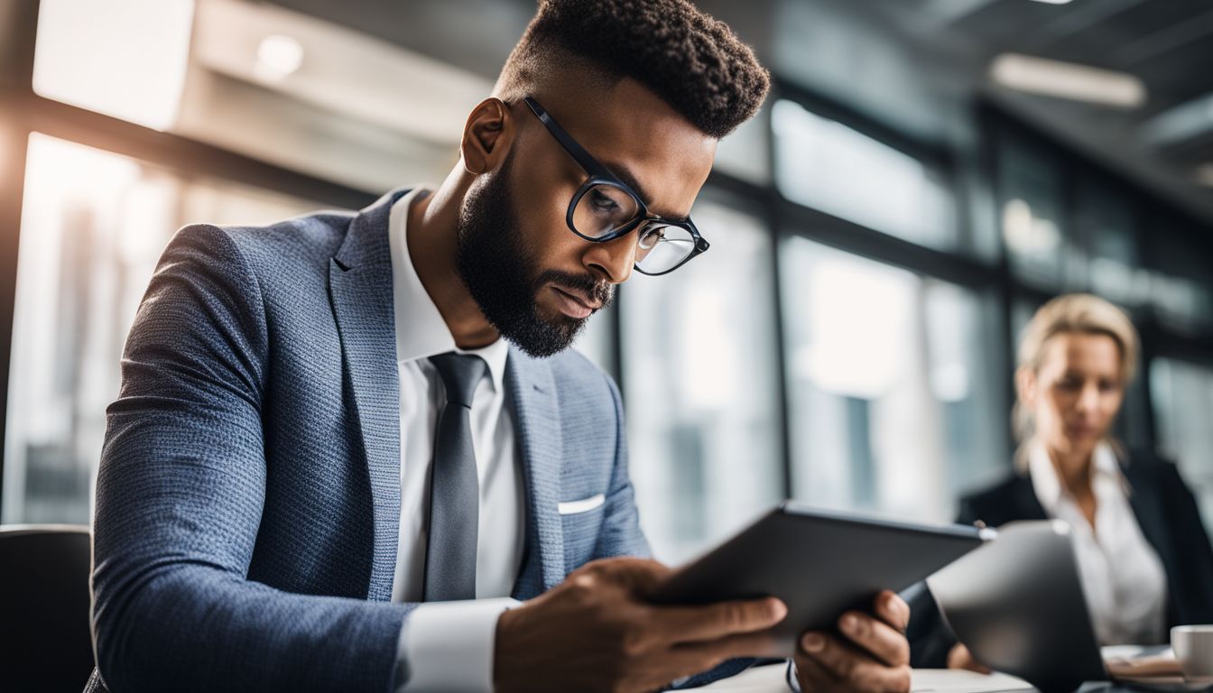 A businessman analyzes data on a tablet in a modern office.