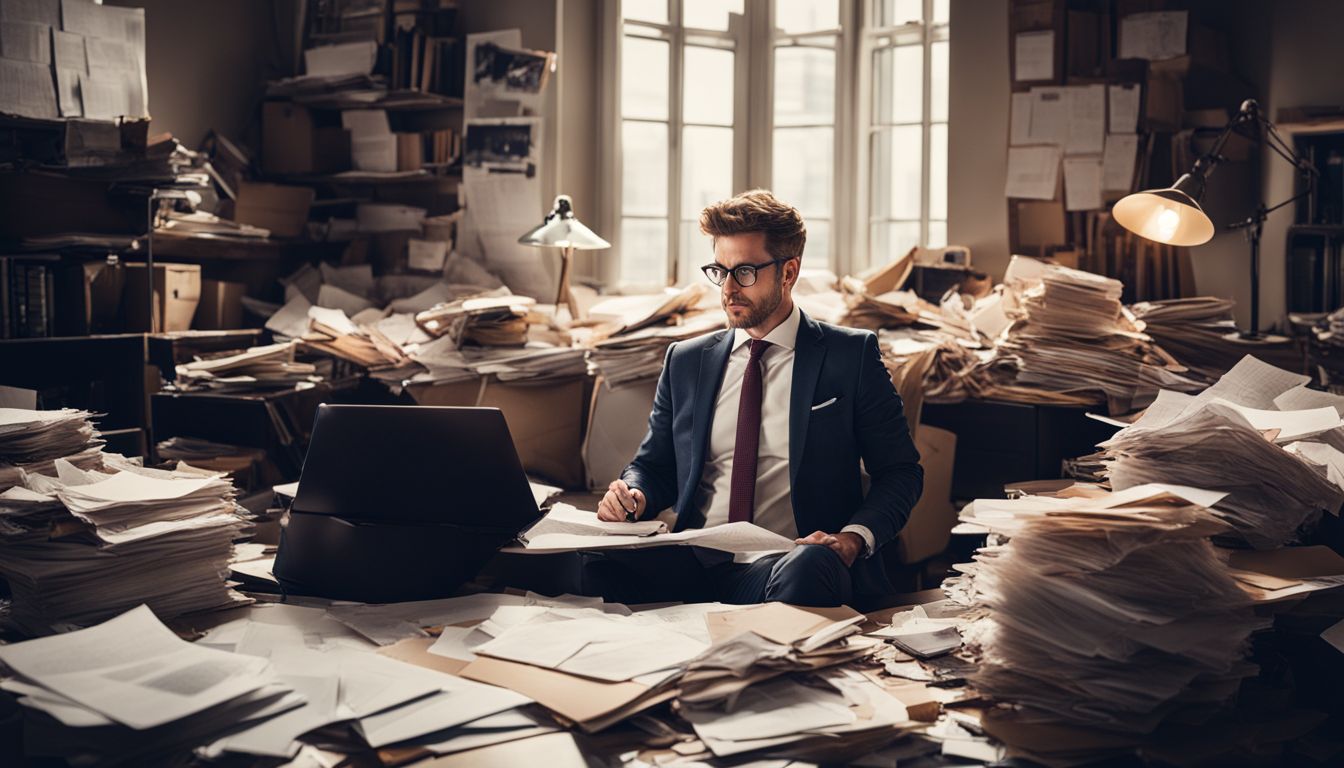 Confused businessman at cluttered desk amidst bustling cityscape.