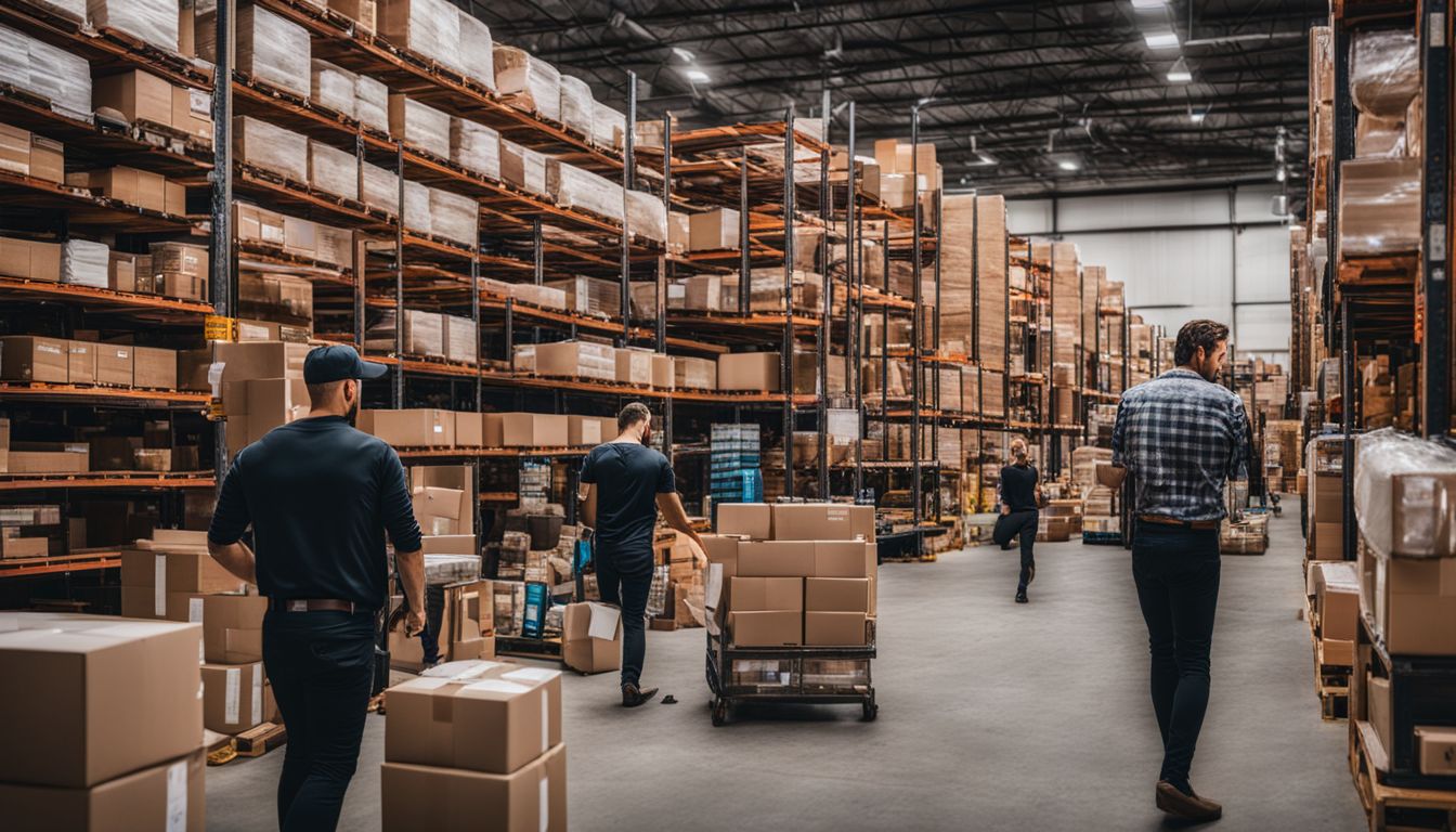 Efficiently organized warehouse with neatly stacked shelves and labeled inventory.