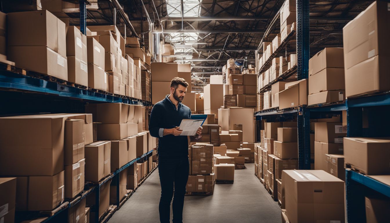 A busy warehouse with stacked cardboard boxes and barcode scanners.