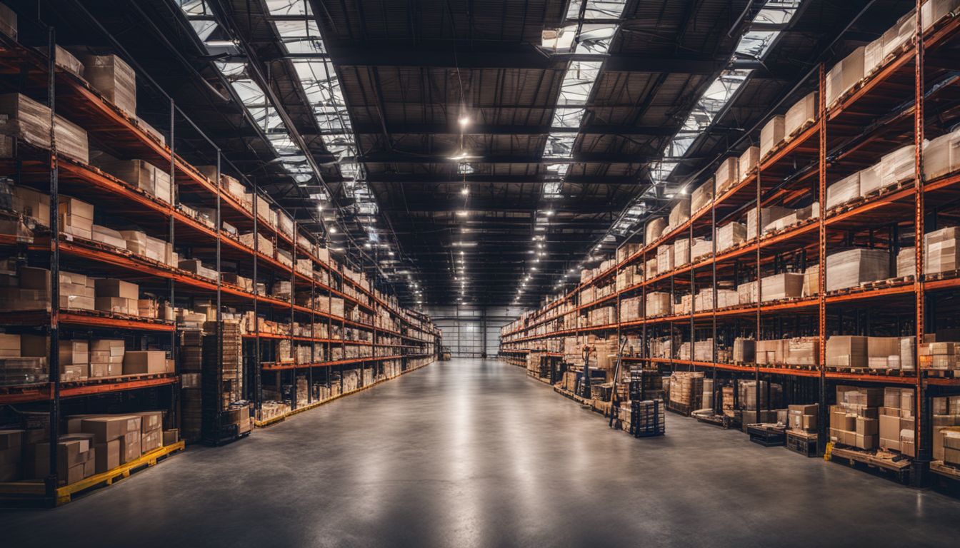 A well-organized warehouse with bustling activity and stocked inventory.