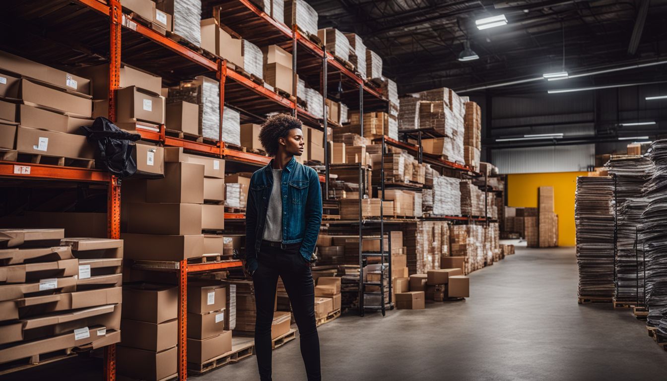 Organized warehouse shelves filled with inventory and bustling atmosphere.