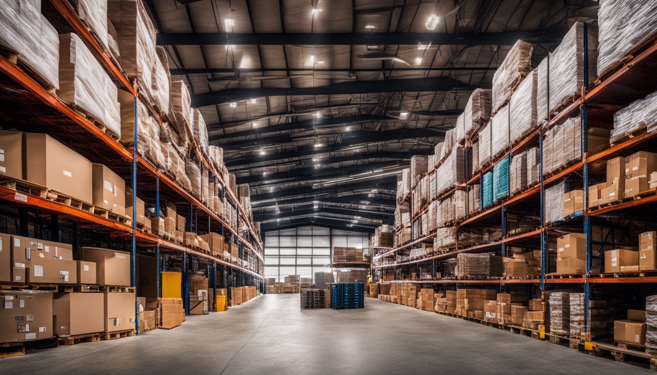 A well-organized warehouse with inventory management software and bustling activity.