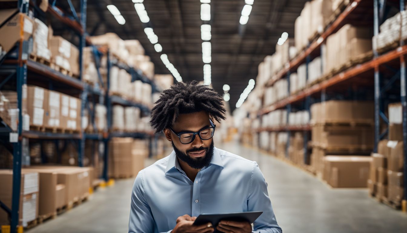 A person analyzing stock data in a busy warehouse environment.