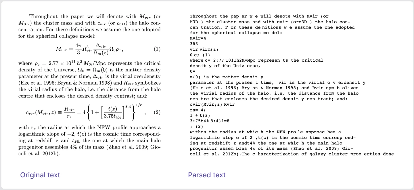 Excerpt from a scientific paper alongside text returned from the parser