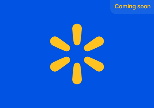 Walmart spark logo in yellow on a blue background with 'Coming soon' text in the top right corner.