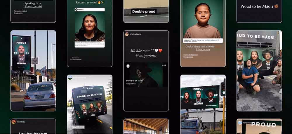 A collage of social media posts and street photos showcasing the 'Proud to be Māori' campaign, featuring portraits on buses, billboards, and Instagram stories celebrating Māori identity and pride.